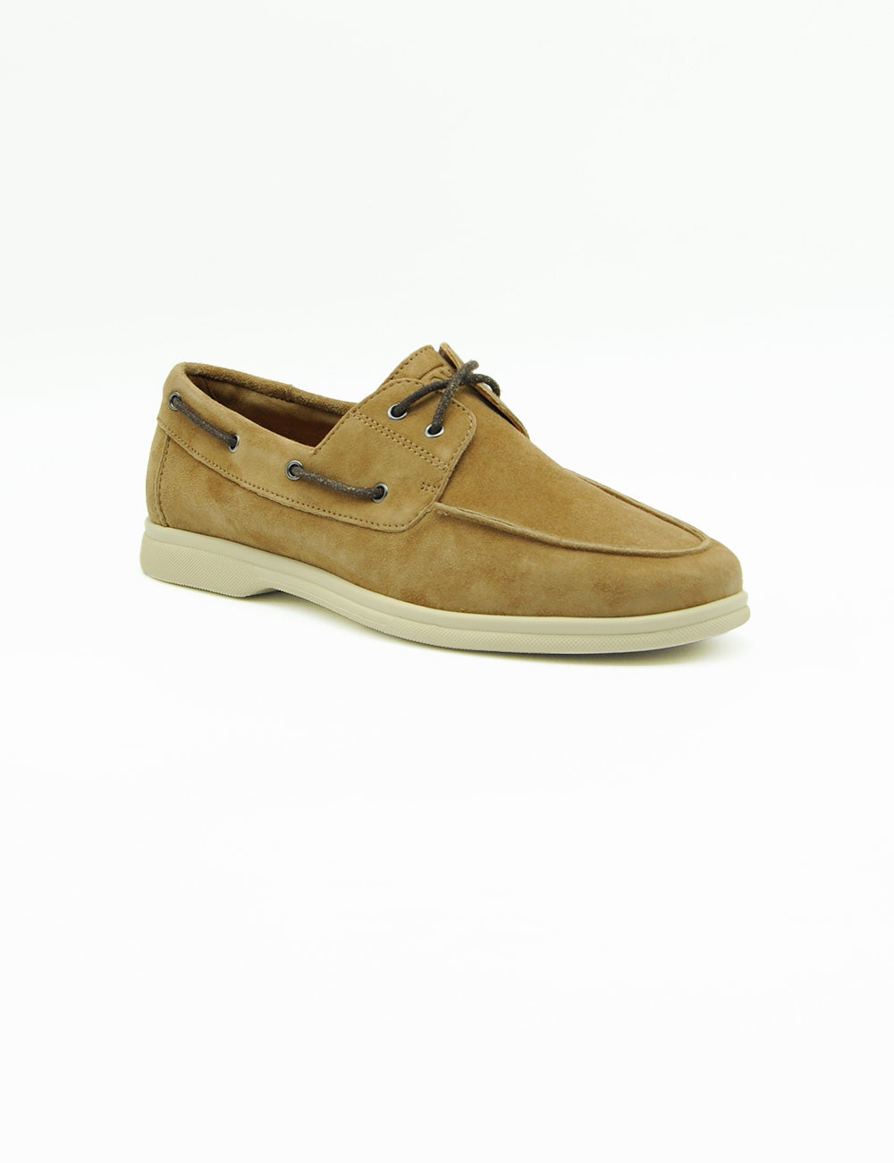 Mocassino barca sella Frau in suede tan con lacci marroni e suola bianca