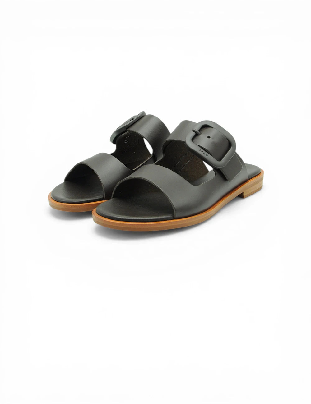 Black leather frau sandalo london testa moro sandals with two wide straps buckles and flat wooden sole