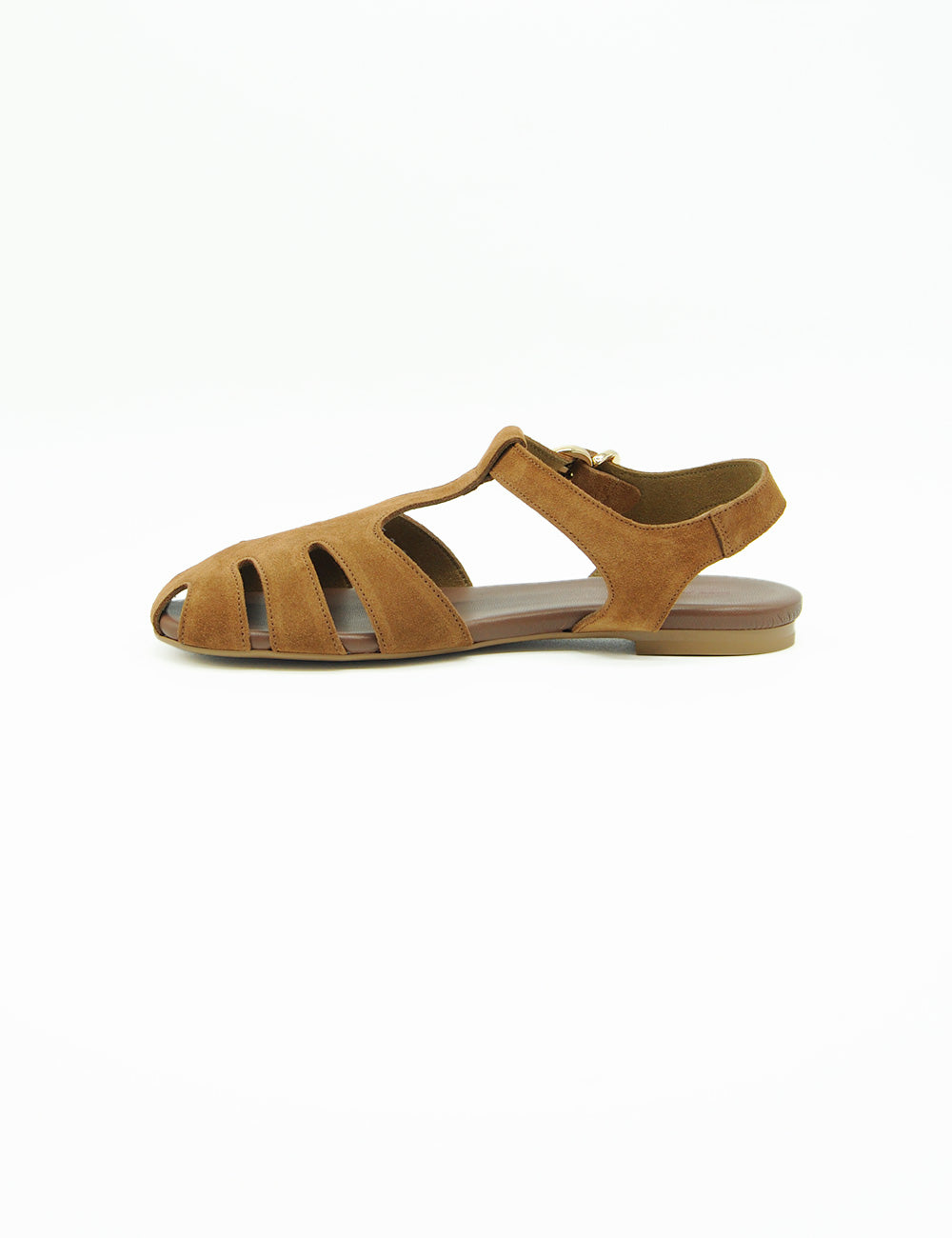 Sandalo Frau Cannella in suede tan con t-strap e punta aperta