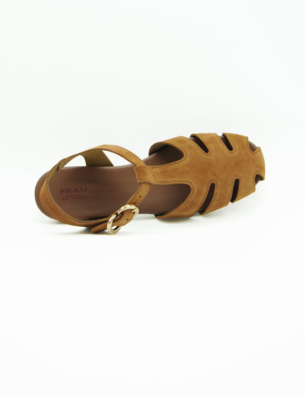 Sandalo Frau Cannella in suede tan con t-strap e dettagli cut-out