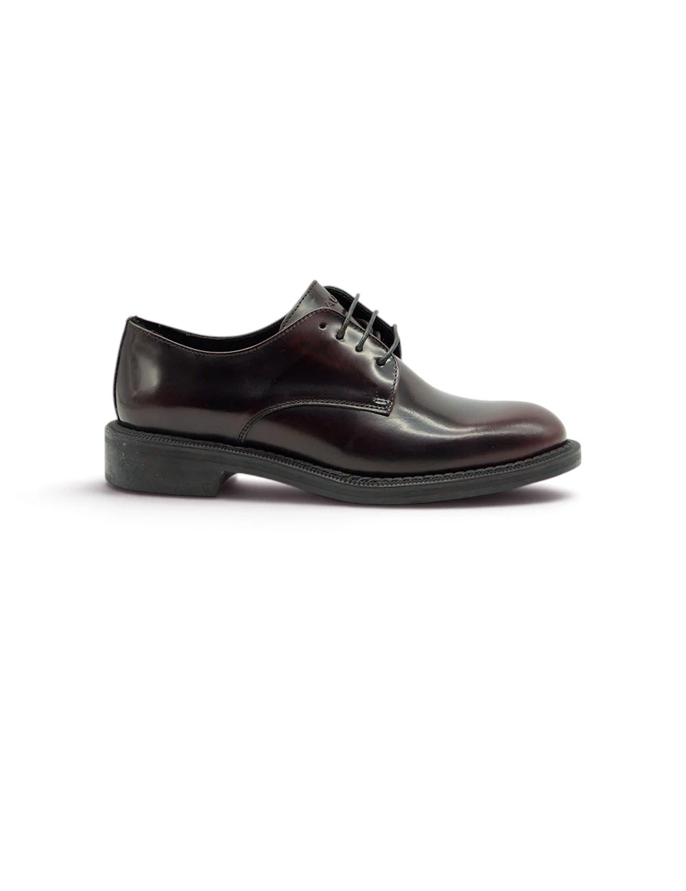 Scarpa derby donna frau bordeaux in pelle marrone scuro lucida con lacci neri e tacco basso robusto