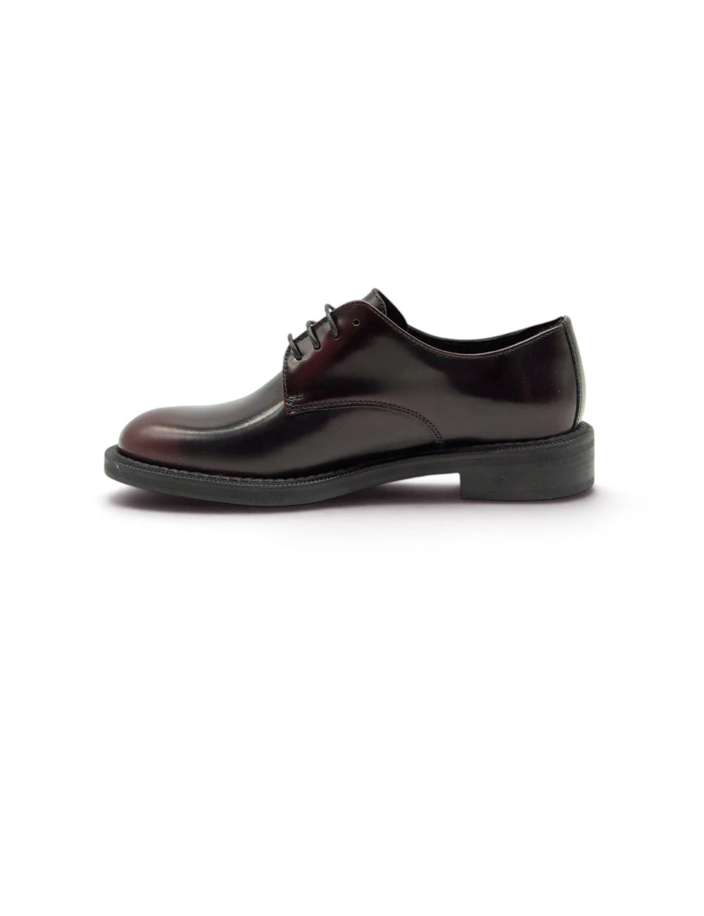 Scarpa derby donna frau bordeaux in pelle nera lucida con tacco basso e allacciatura classica