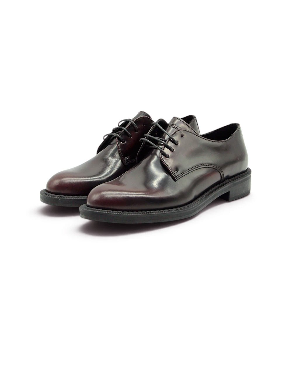 Scarpe derby donna frau bordeaux in pelle marrone scuro lucida con lacci neri e suola in gomma profilata bassa