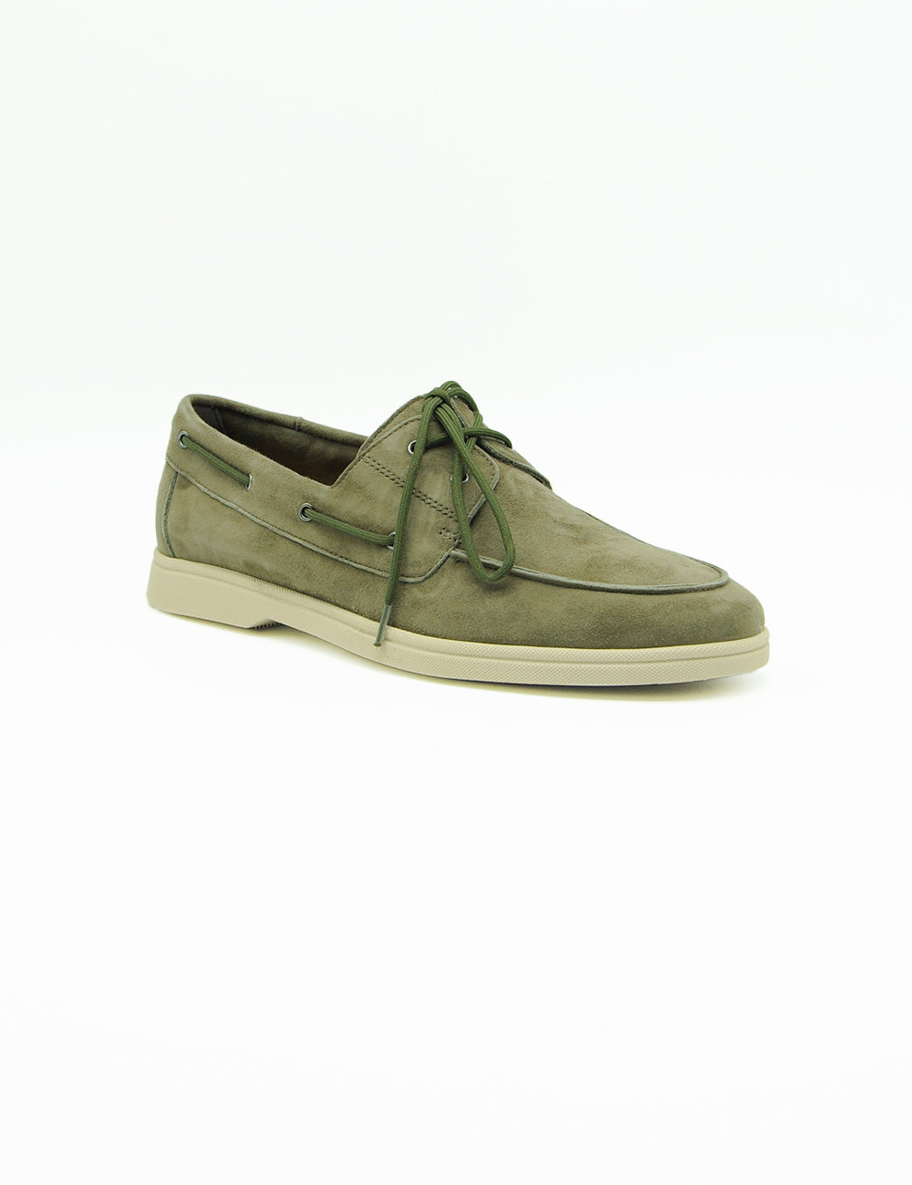 Mocassino Frau Timo in suede verde oliva con lacci e suola beige