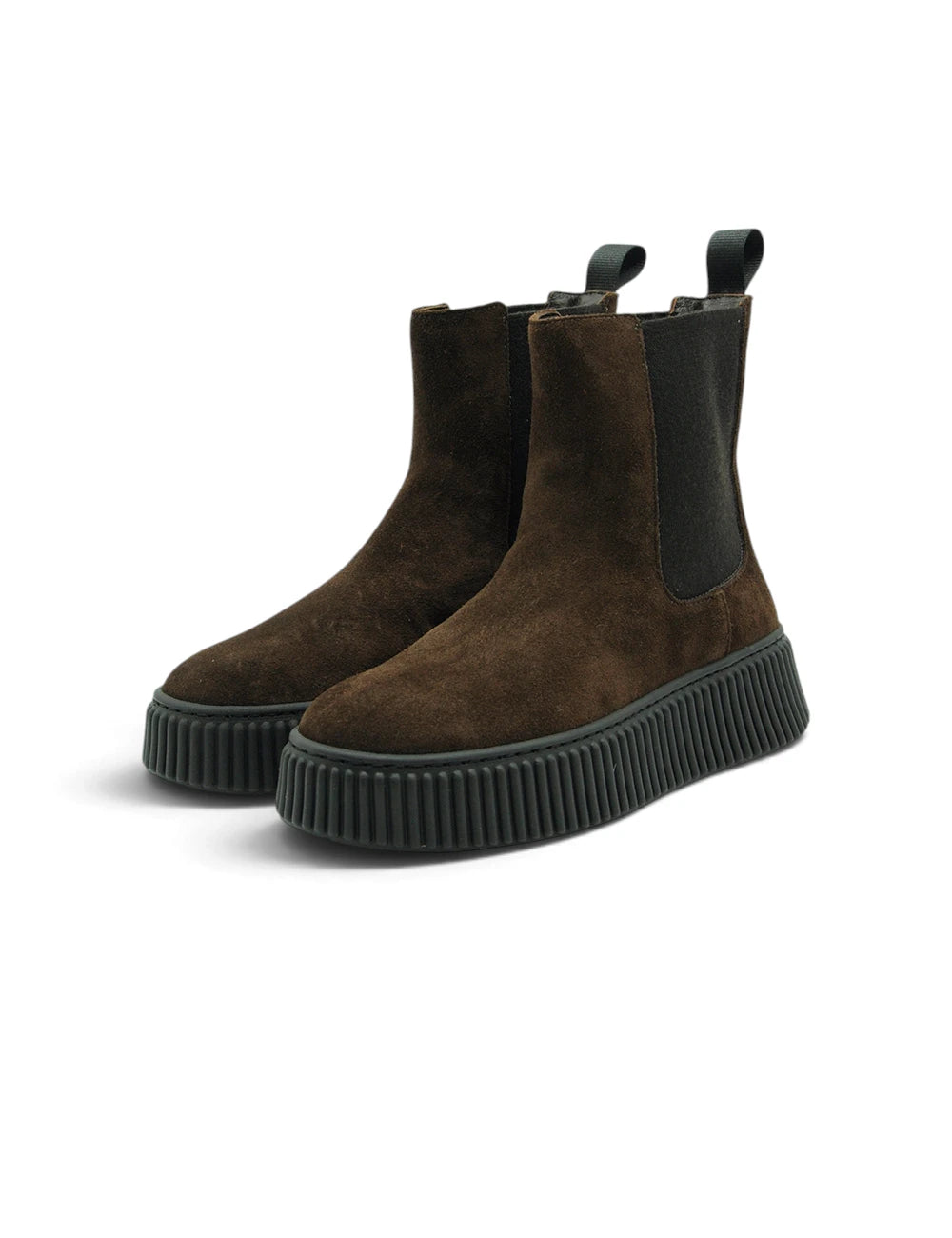 Brown suede frau chelsea boot cacao con pannelli elastici neri e suola platform rigata