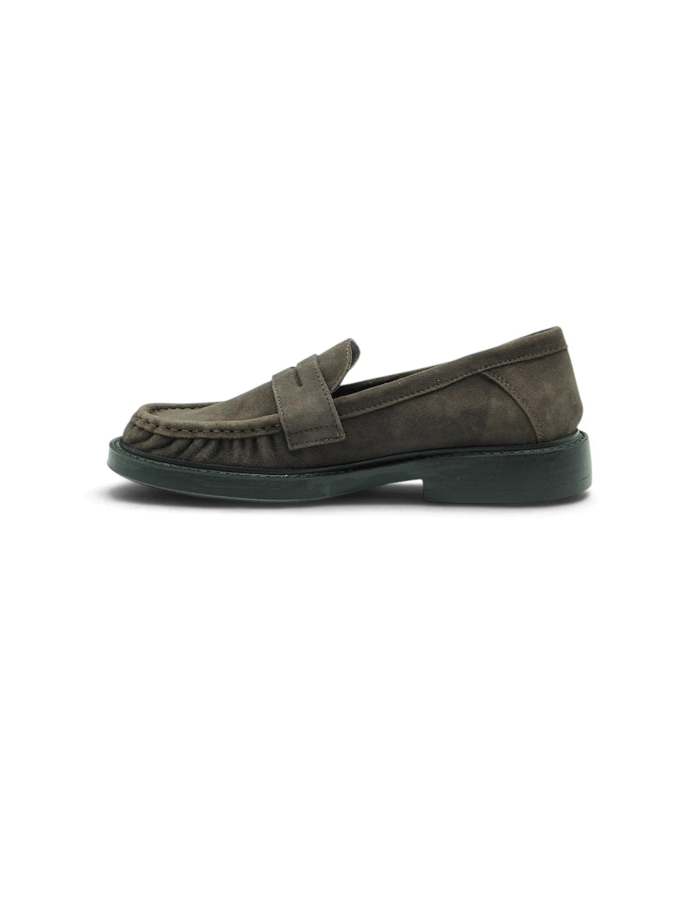 Olive green suede loafer frau mocassino testa moro with stitched strap and dark rubber sole front view