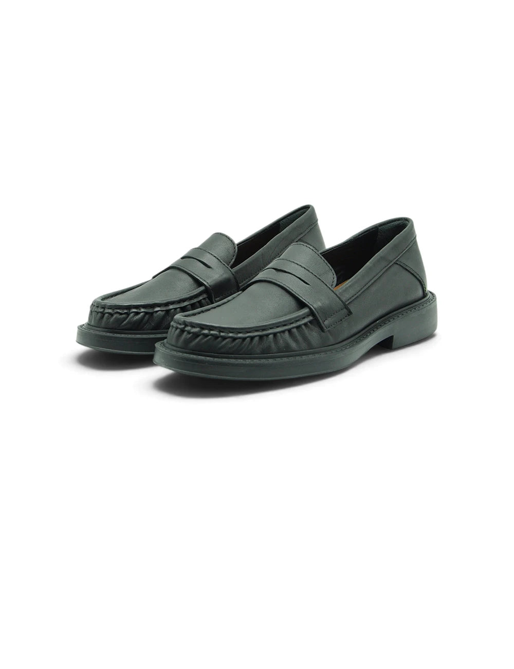 Dark green leather loafers frau mocassino nero with classic slip-on design and stitched detailing