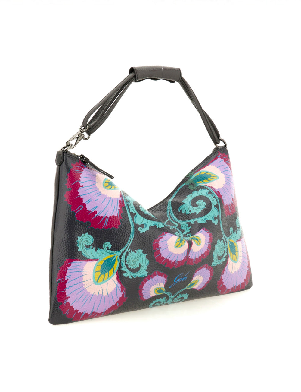 Borsa hobo Gabs Beyoncè EW TG L Peonia in pelle nera con fiori ricamati viola rosa teal verdi