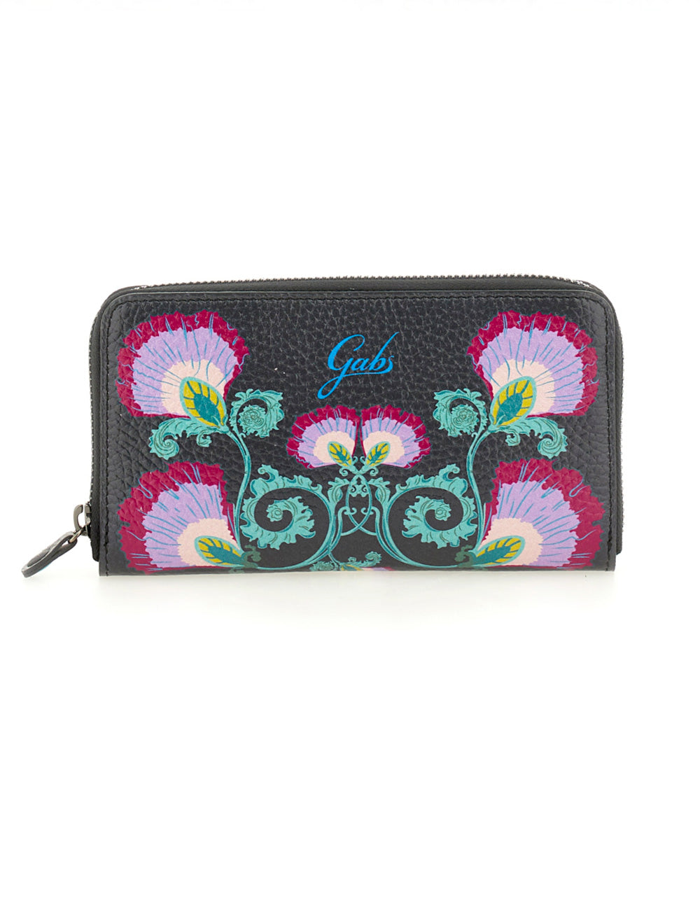 Portafoglio Gabs GMoney17 Peonia in pelle nera con ricami floreali rosa viola teal