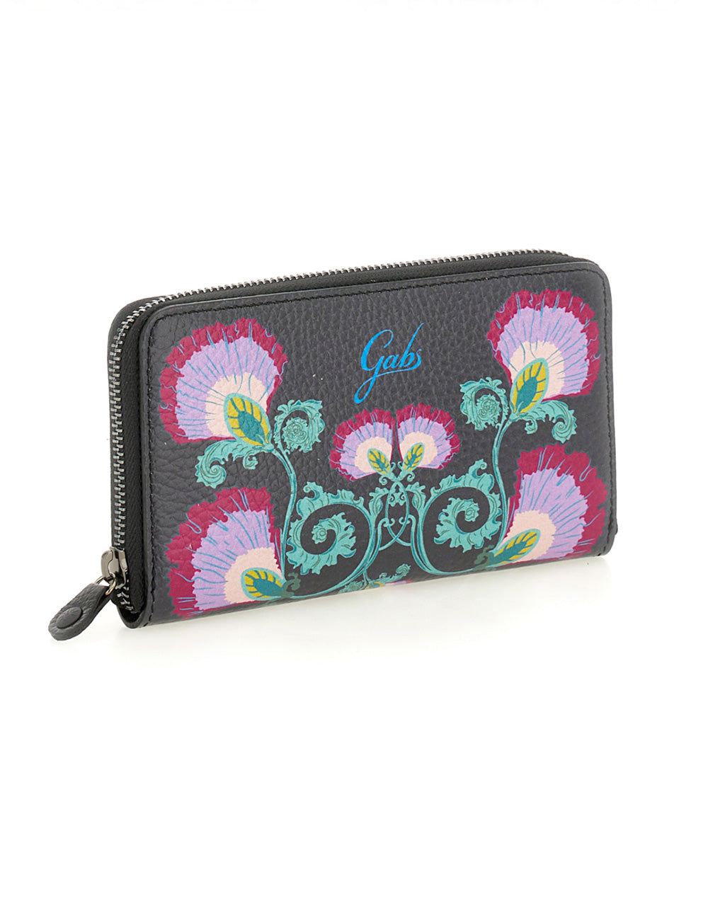 Portafoglio Gabs GMoney17 Peonia in pelle nera con ricami floreali rosa viola teal e logo Gabs blu