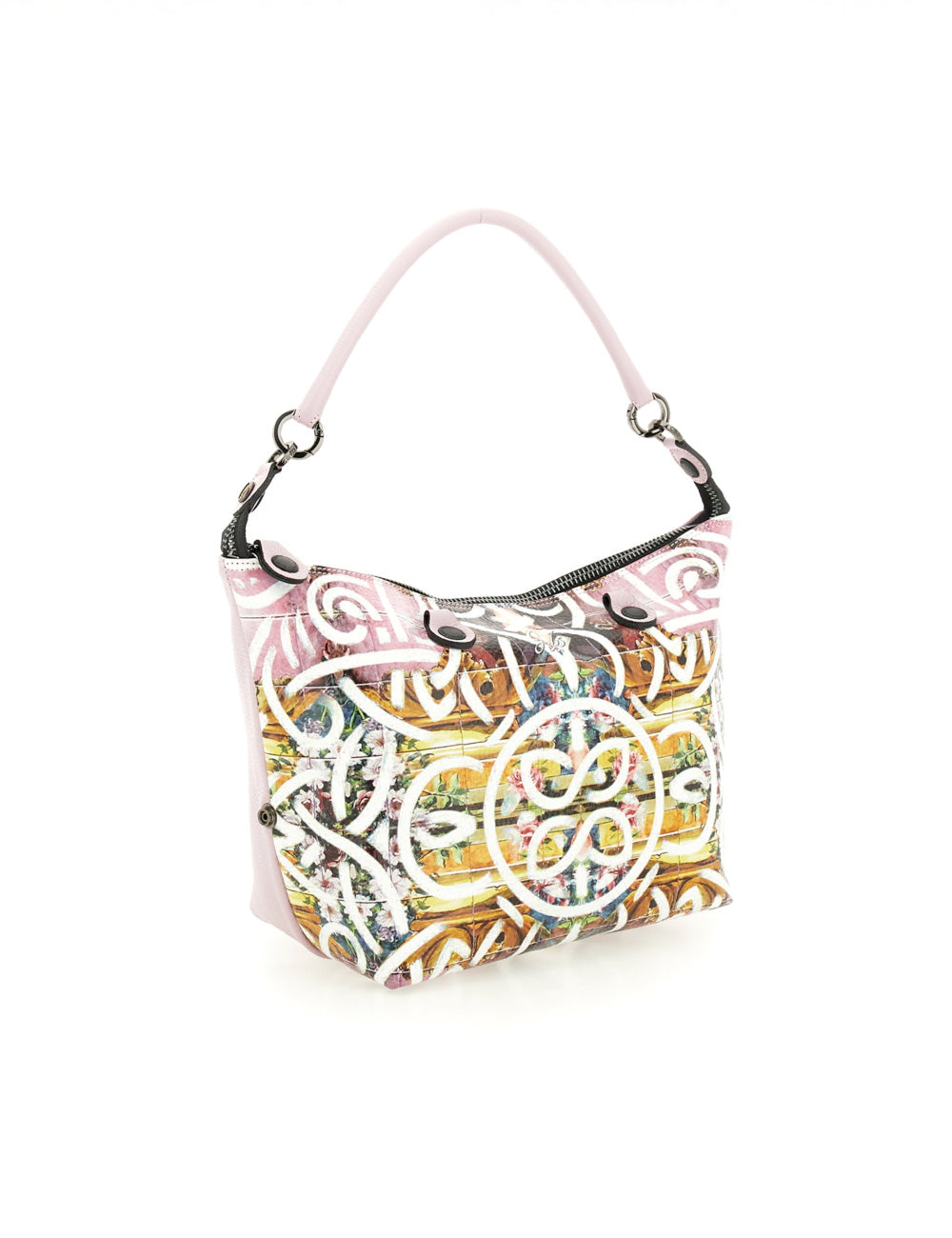 Borsa Gabs G3 Plus TG M Primavera rosa con motivi floreali multicolor e cerchi bianchi lucidi