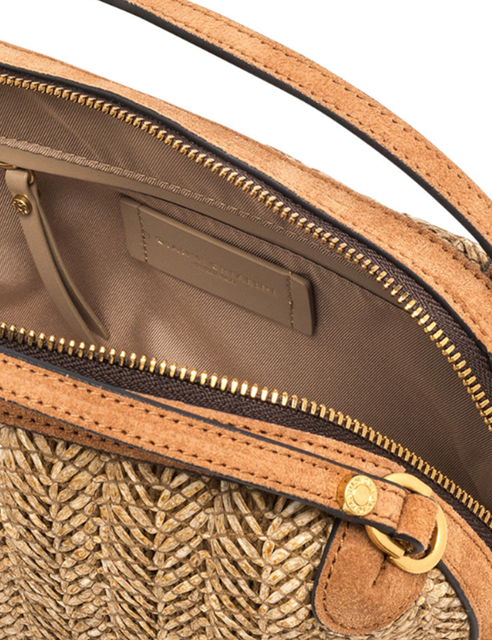 Borsa in paglia intrecciata color tan con rifinitura in suede e hardware dorato Gianni Chiarini Alifa Cookie