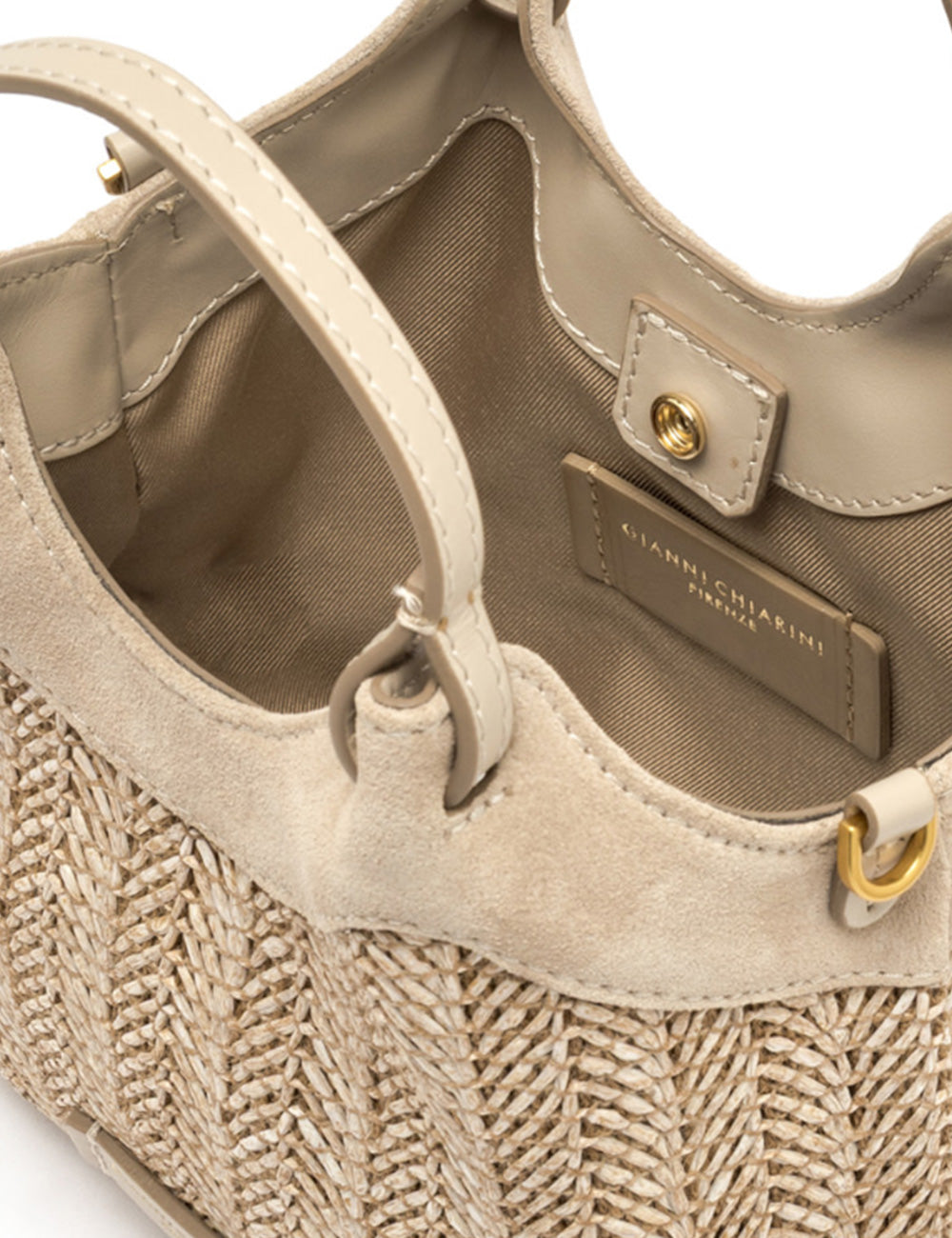 Borsa mini Dua Sabbia Gianni Chiarini in paglia intrecciata beige con manici in suede e hardware oro