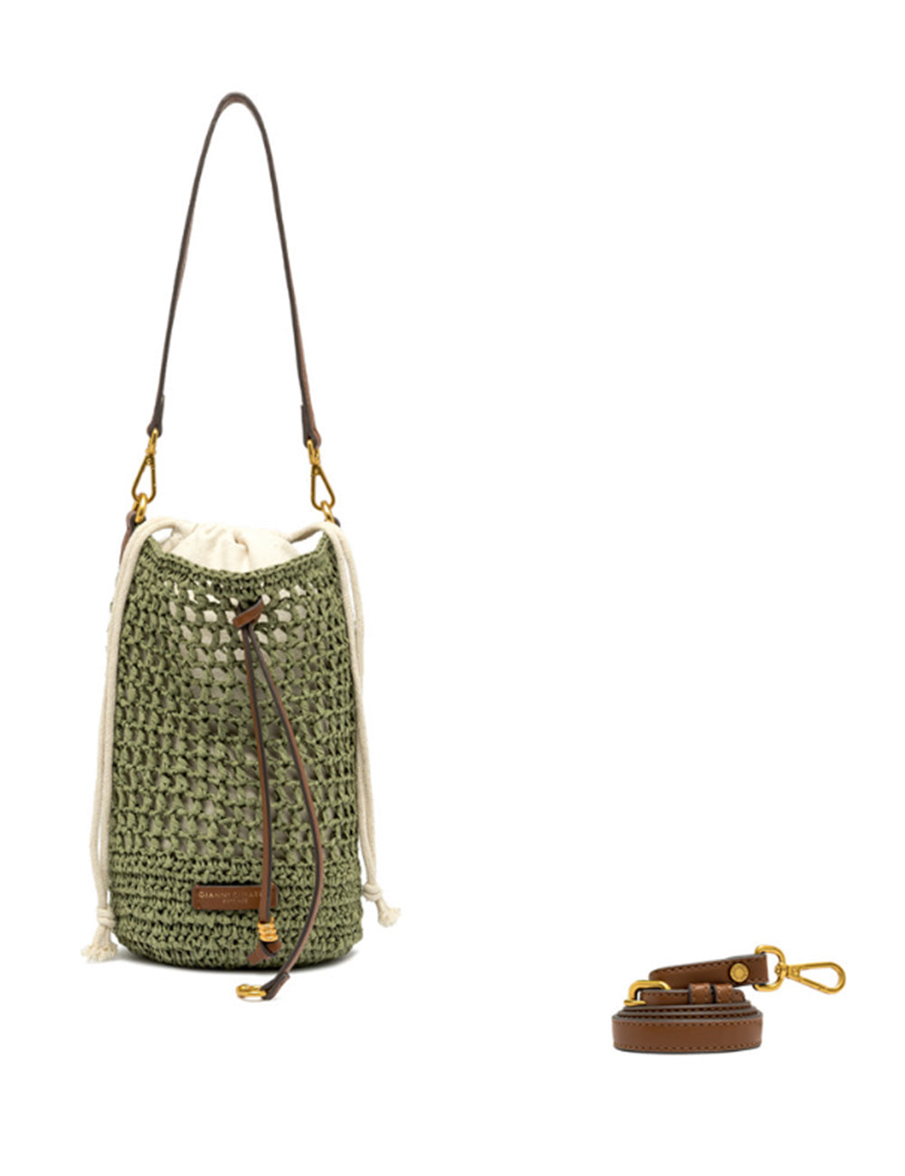 Borsa secchiello Nefeli Taiga Gianni Chiarini verde oliva intrecciata con coulisse e tracolle in pelle marrone