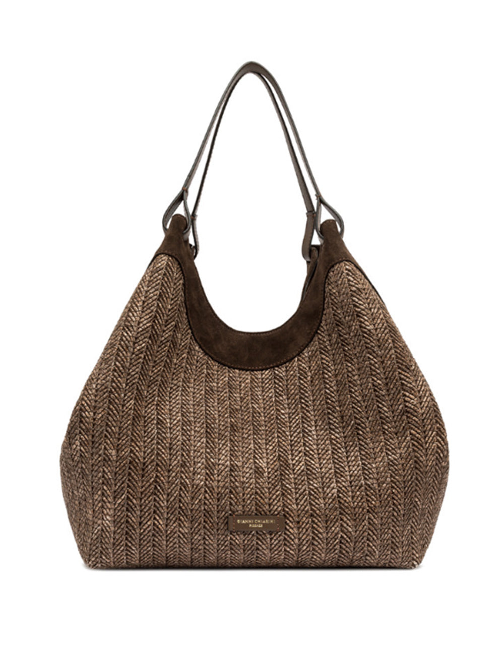 Borsa Gianni Chiarini Dua Choco in marrone a spina di pesce con rifiniture e manici in suede