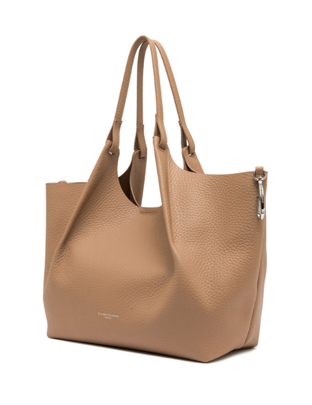 Borsa tote in pelle beige ciottolata Gianni Chiarini Dua Clay con manici doppi e cerniera argento