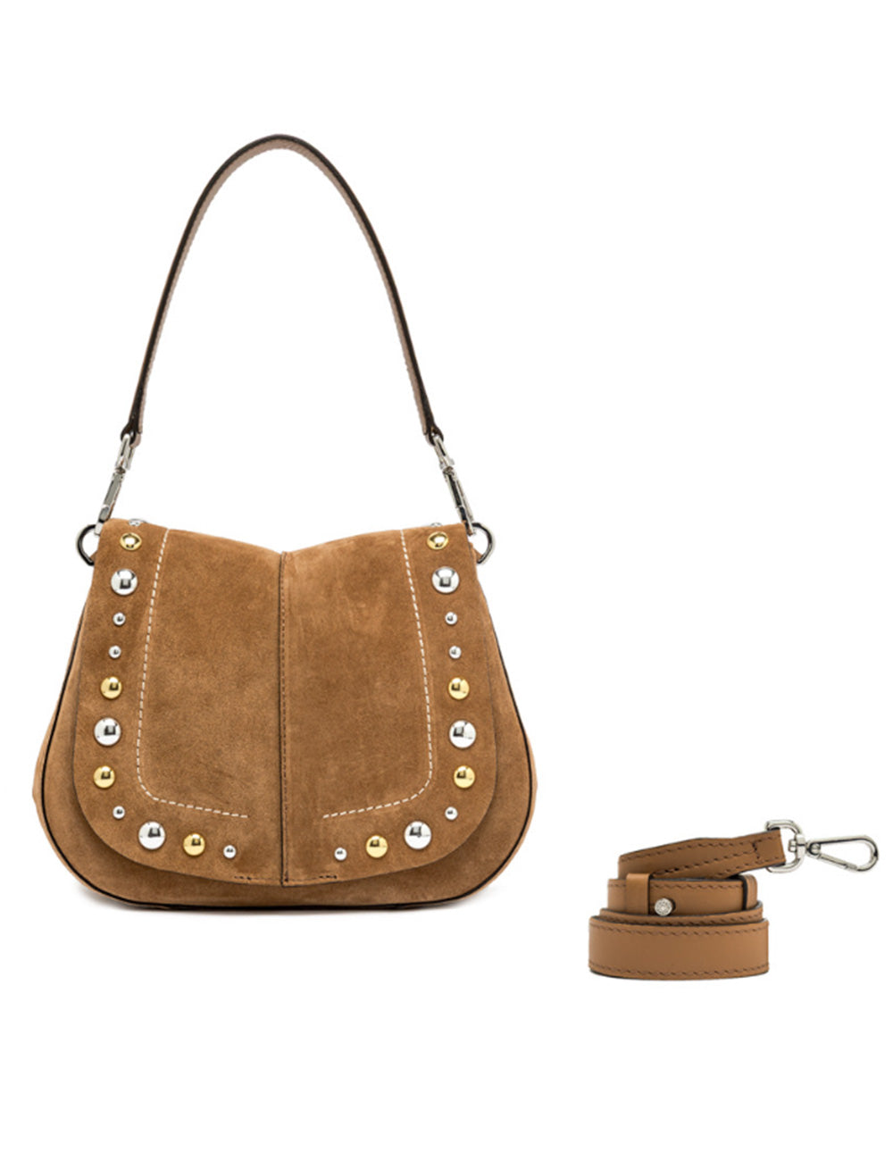 Borsa a spalla Helena Round Caramel Gianni Chiarini in camoscio color caramello con borchie argento e oro