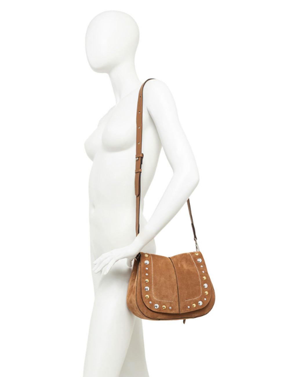 Borsa sella in camoscio tan con borchie argento, Gianni Chiarini Helena Round Caramel