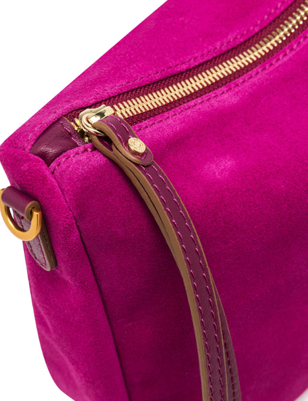 Borsa a tracolla Nora Pouch Desert Flower Gianni Chiarini in suede fucsia con zip oro e tracolla cuoio marrone