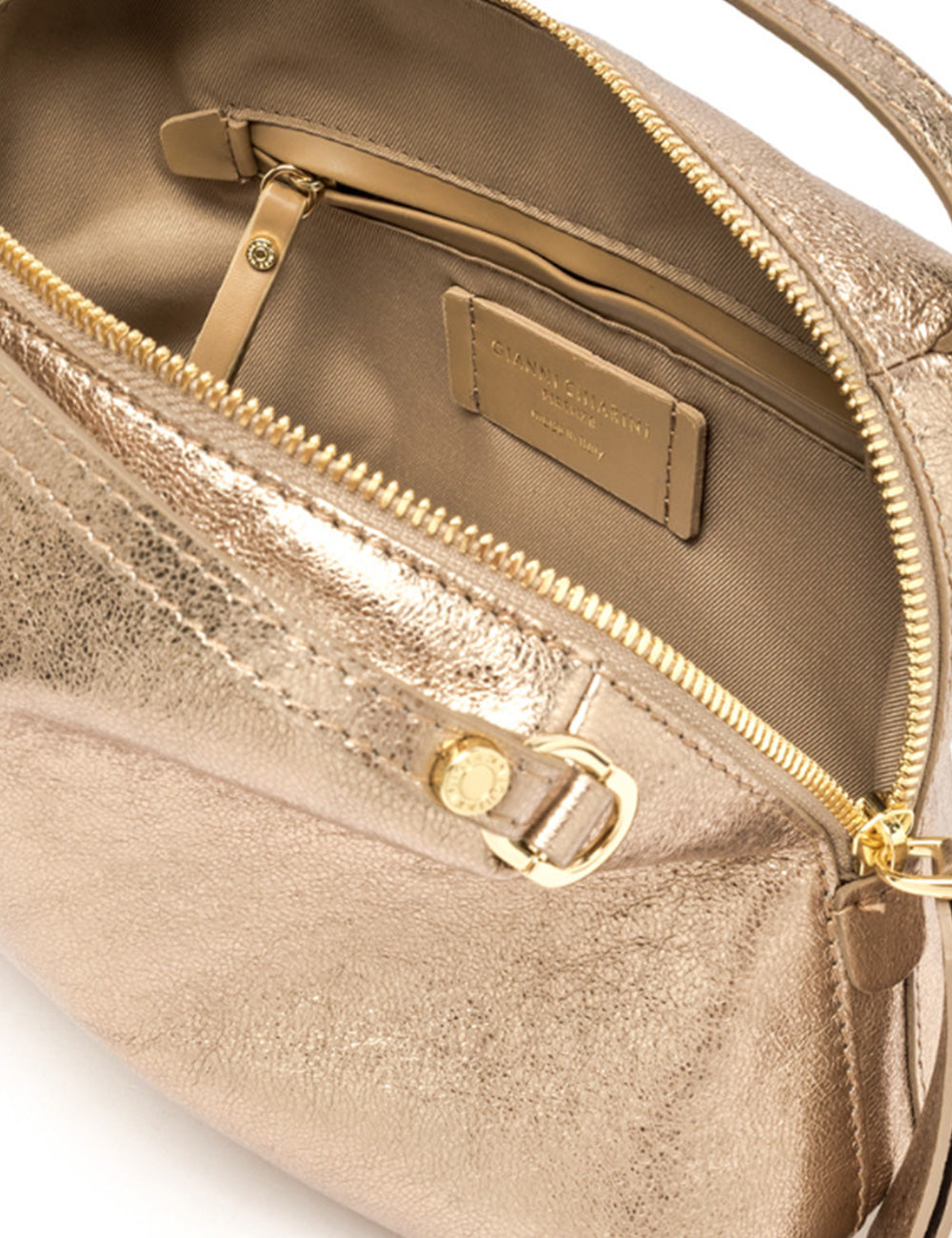 Borsa a tracolla in pelle dorata metallica Gianni Chiarini Alifa Mirage con zip e tracolla regolabile