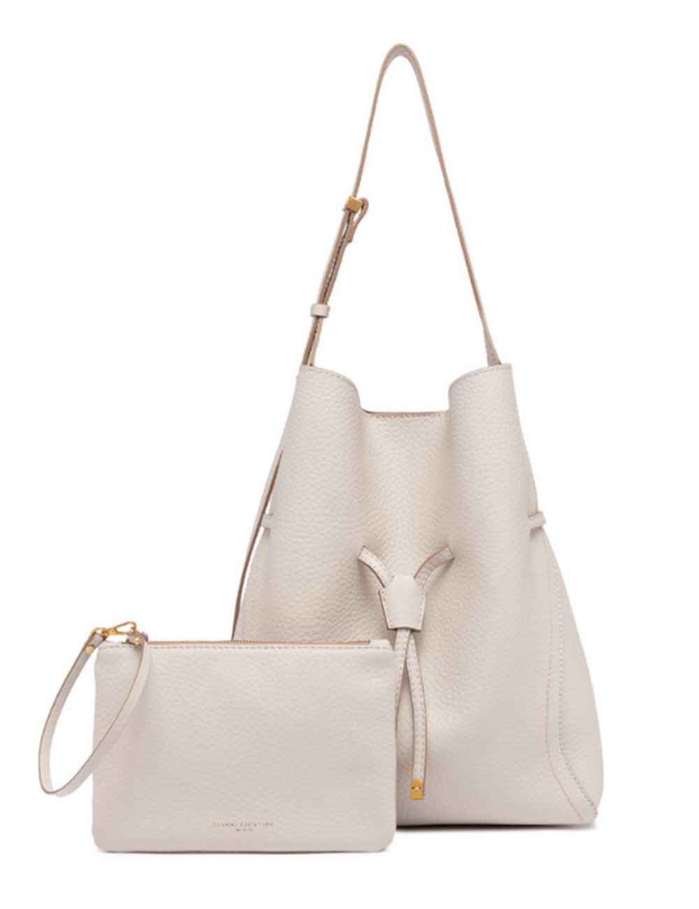 Borsa a secchiello in pelle color crema con hardware oro e polsino abbinato Gianni Chiarini Sienna Sabbia