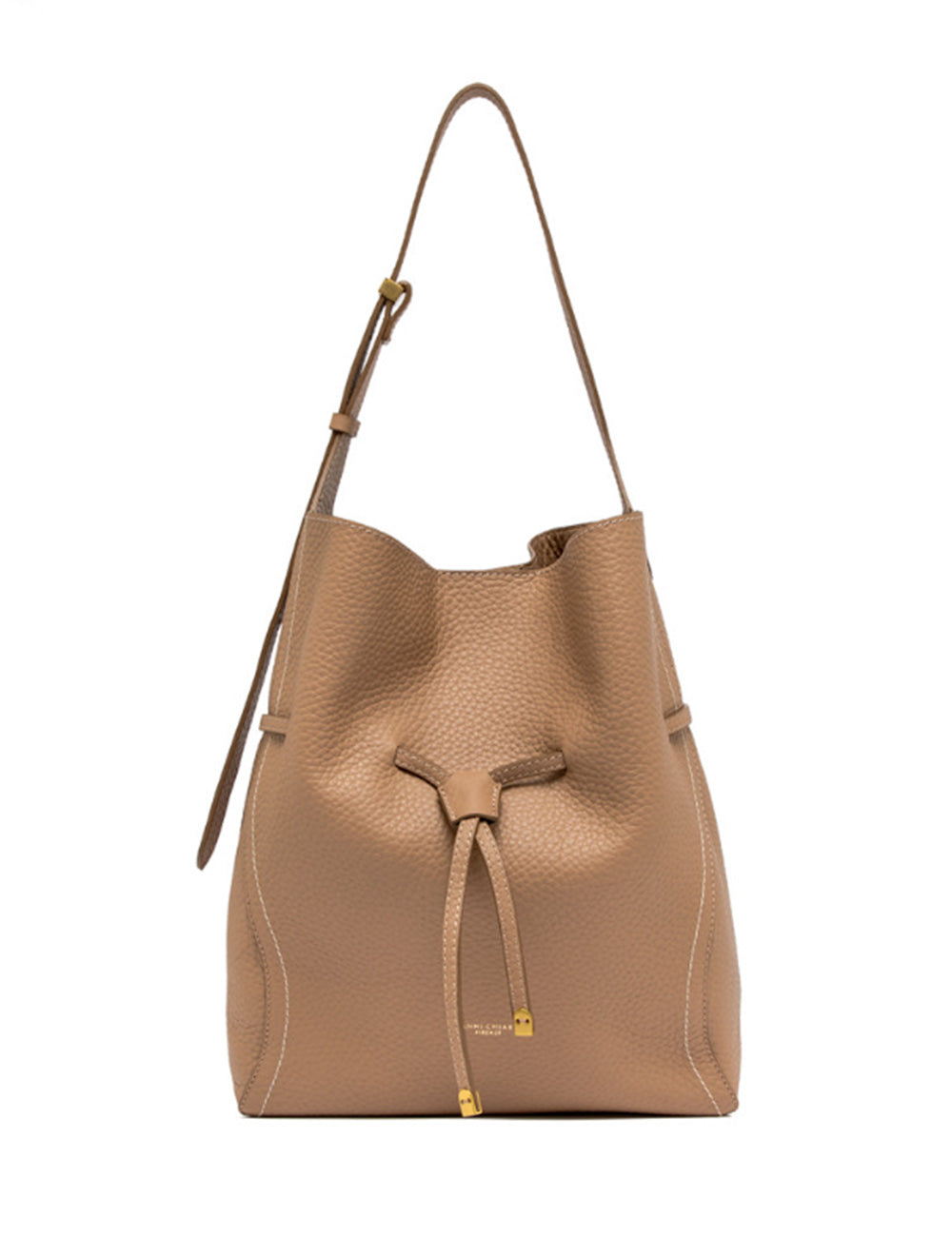 Borsa a secchiello Gianni Chiarini Sienna Clay in pelle beige testurizzata con hardware oro e coulisse