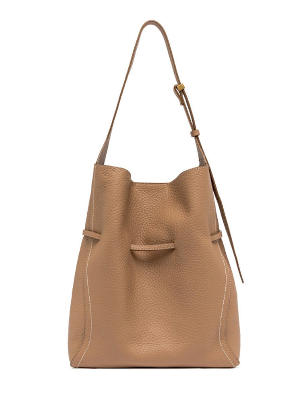 Borsa a secchiello in pelle ciottolata beige Gianni Chiarini Sienna Clay con tracolla e cuciture sottili