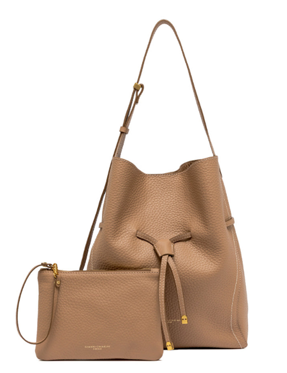 Borsa a secchiello in pelle beige ciottolata con hardware dorato e polsino abbinato Gianni Chiarini Sienna Clay