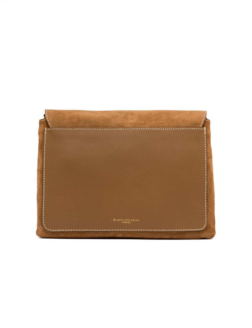 Borsa tracolla Gianni Chiarini Tracolla Three Caramel in camoscio tan con patta in pelle liscia e punti bianchi a contrasto