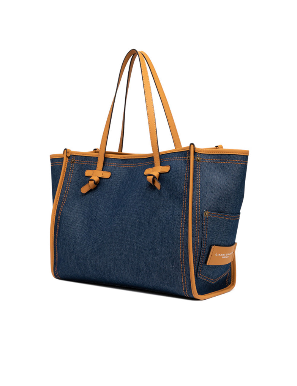 Borsa tote Marcella in denim blu con manici e rifiniture in pelle color tan di Gianni Chiarini