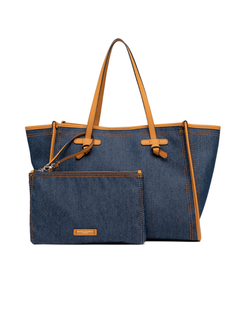 Borsa tote Marcella Blue Mou Gianni Chiarini in denim blu e pelle beige con polsino abbinato