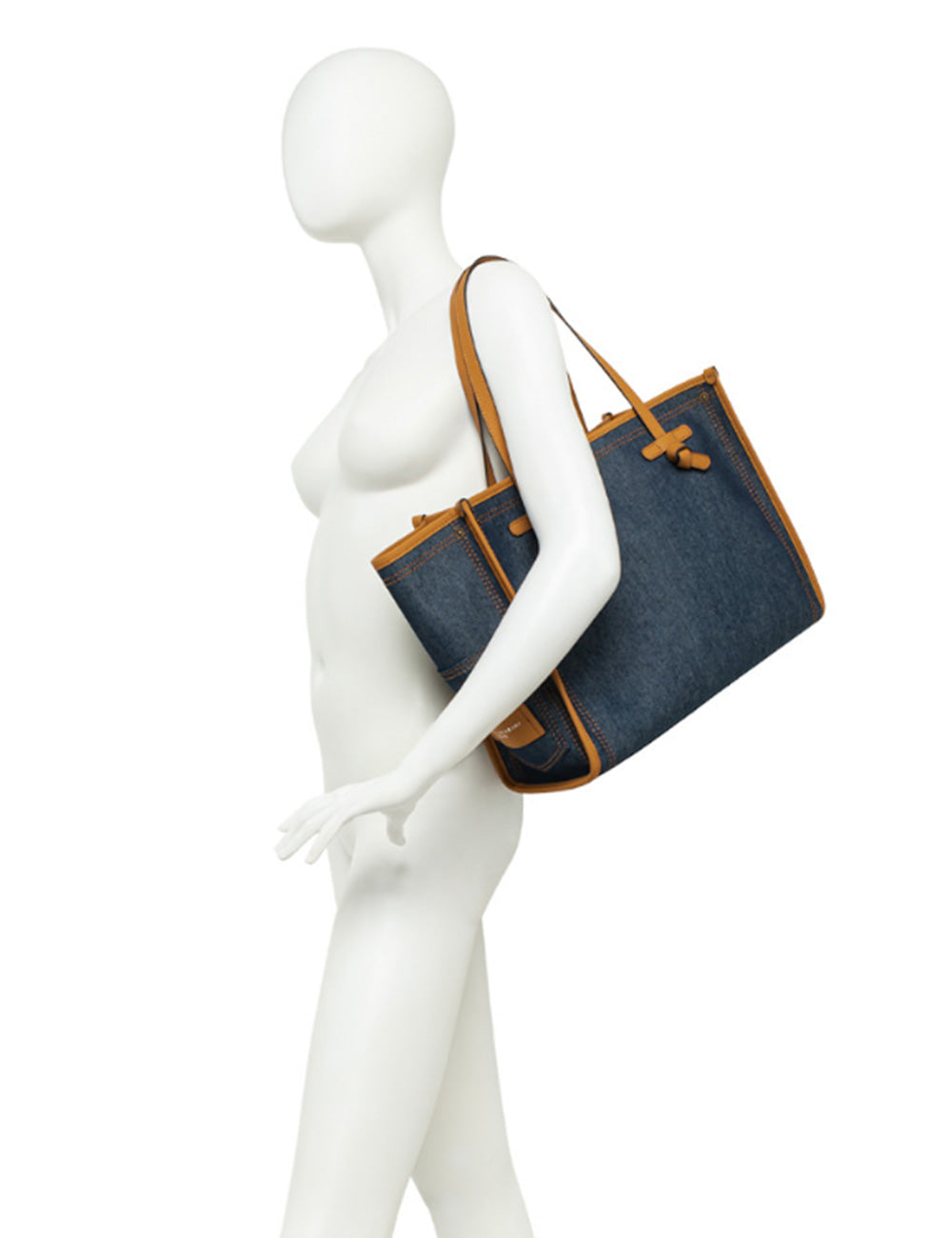 Borsa tote in denim blu navy con rifiniture e manici in pelle color tabacco Gianni Chiarini Marcella Blue Mou
