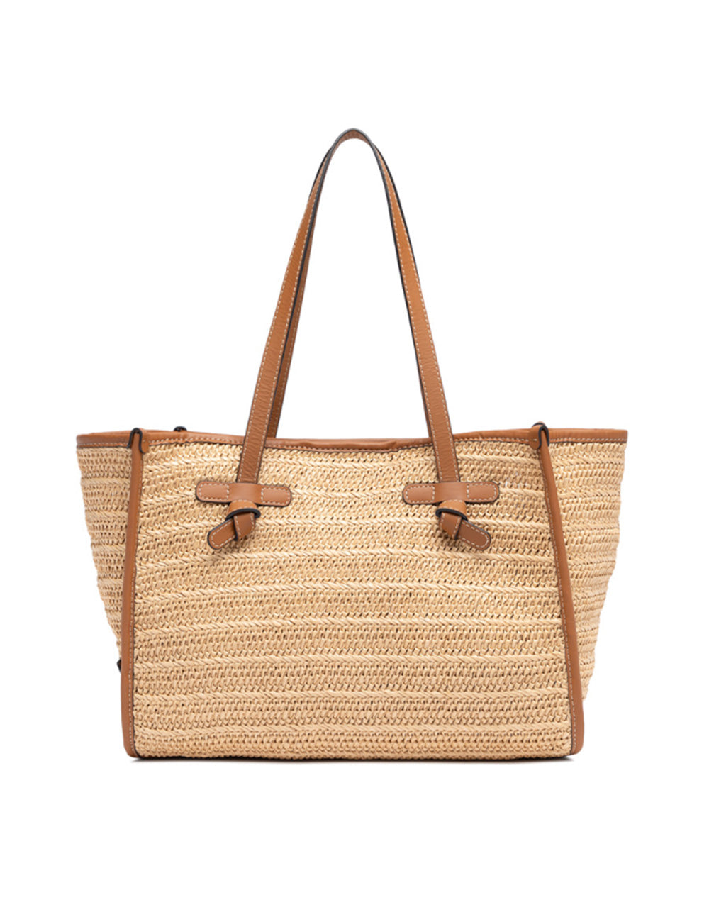 Borsa tote Marcella Naturale Gianni Chiarini in paglia beige intrecciata con manici e bordi in pelle color cuoio