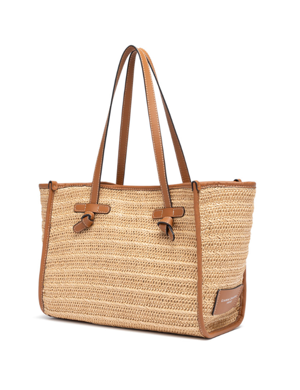 Borsa tote Marcella Naturale Gianni Chiarini in paglia intrecciata beige con manici e bordi in pelle color tan