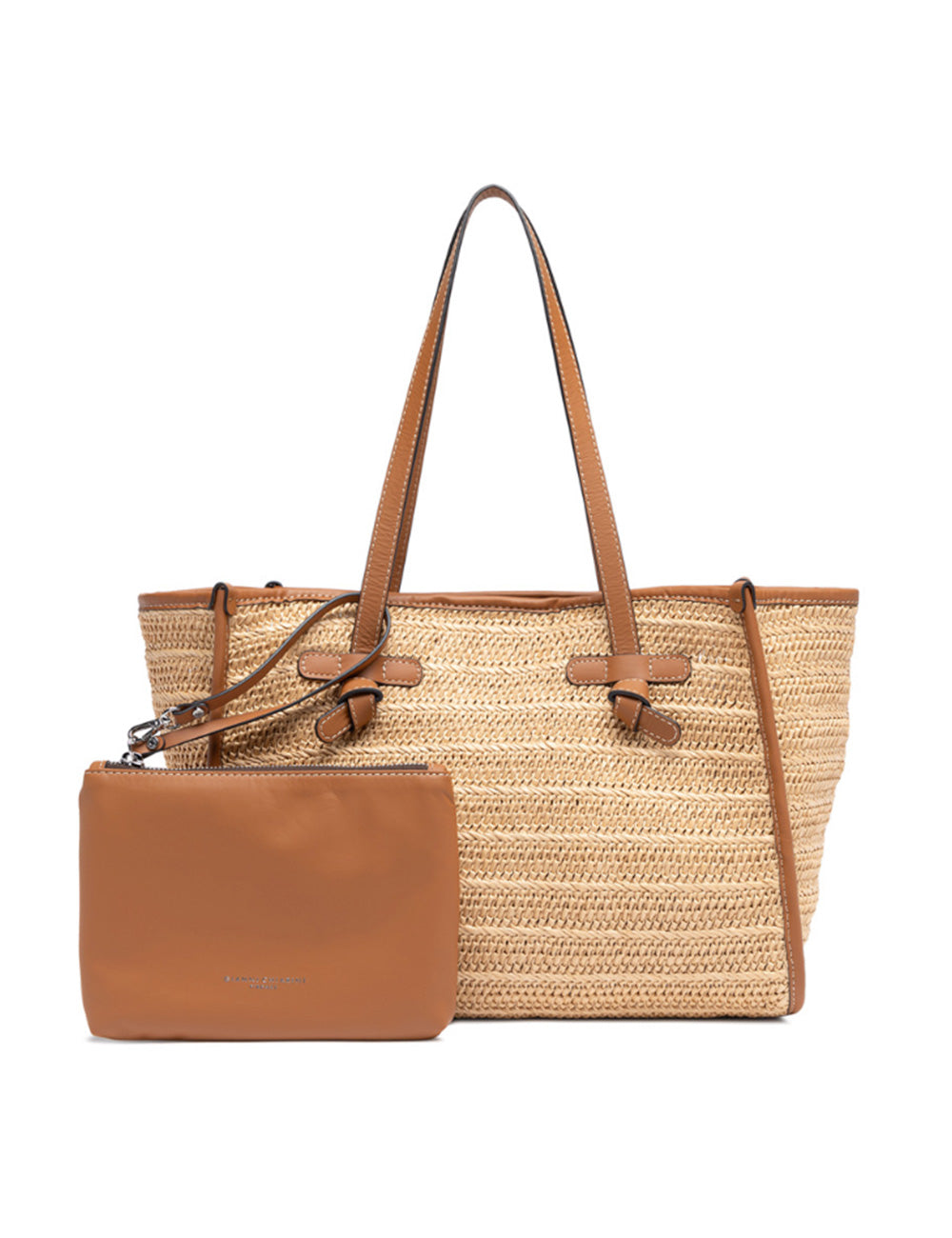 Borsa tote in paglia intrecciata beige con manici e rifiniture in pelle color tan Gianni Chiarini Marcella Naturale