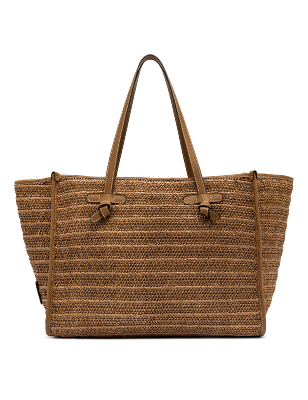 Borsa tote in paglia intrecciata marrone con manici in pelle color caramello e chiusure a fiocco abbinati, Gianni Chiarini Marcella Caramello