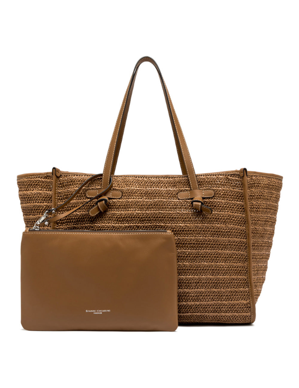Borsa tote intrecciata in paglia marrone Marcella Caramello Gianni Chiarini con manici e pochette in pelle