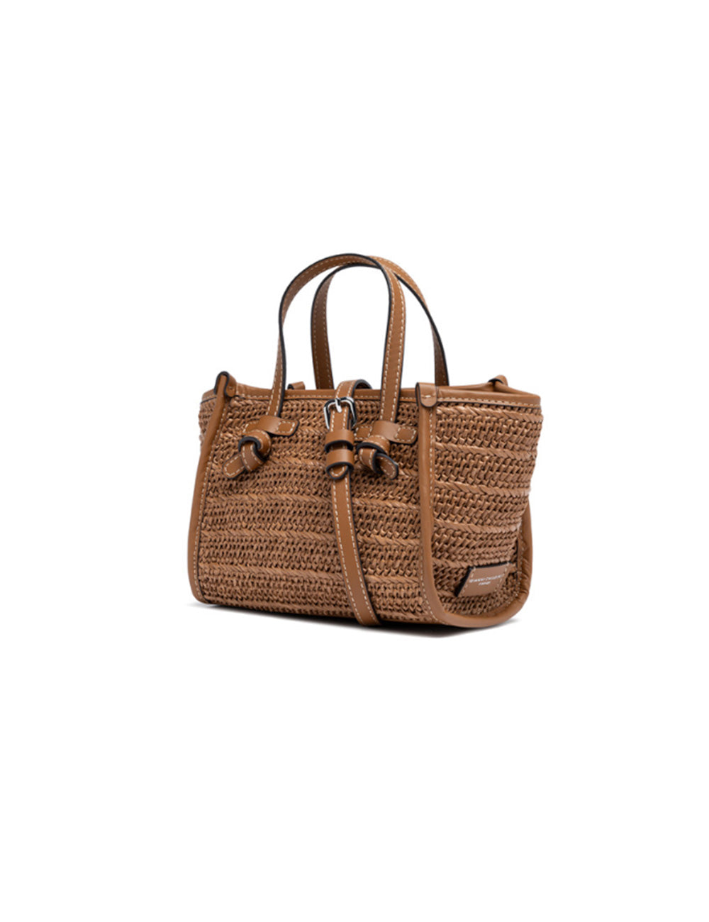 Borsa tote Miss Marcella Caramello di Gianni Chiarini in paglia intrecciata marrone con manici e rifiniture in pelle color caramello e chiusura frontale con cinghie intrecciate