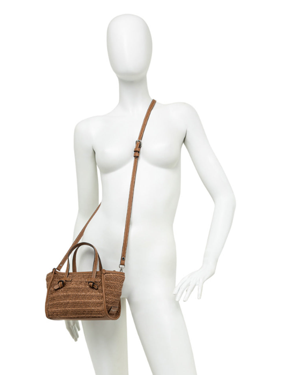 Borsa in paglia intrecciata marrone Miss Marcella Caramello di Gianni Chiarini con manici e tracolla in pelle