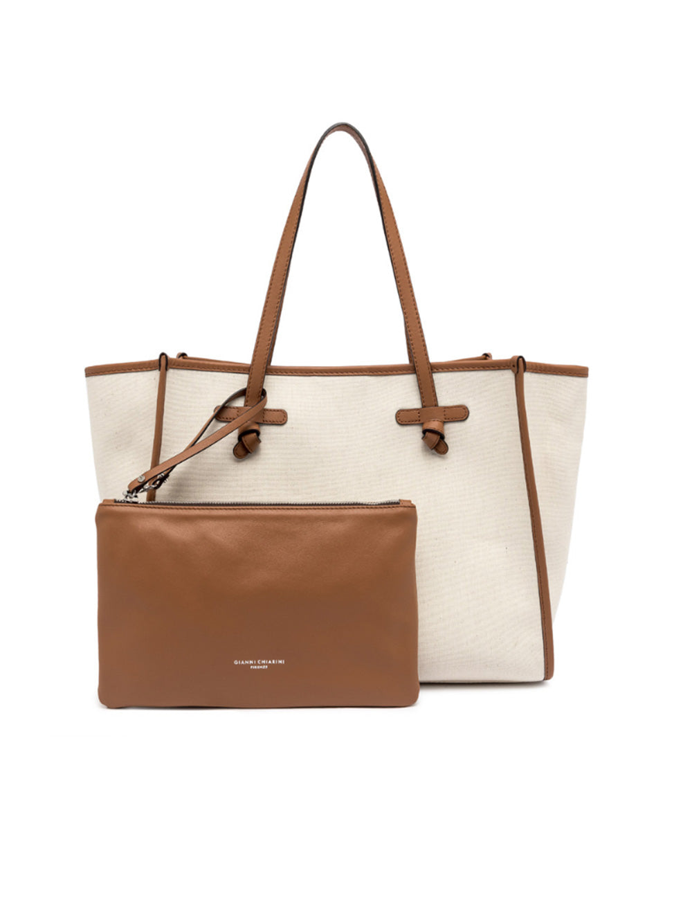 Borsa tote Marcella Panna Corda Caramel large Gianni Chiarini, panna con manici e bordo in cuoio caramello e piccola borsa in cuoio marrone abbinata