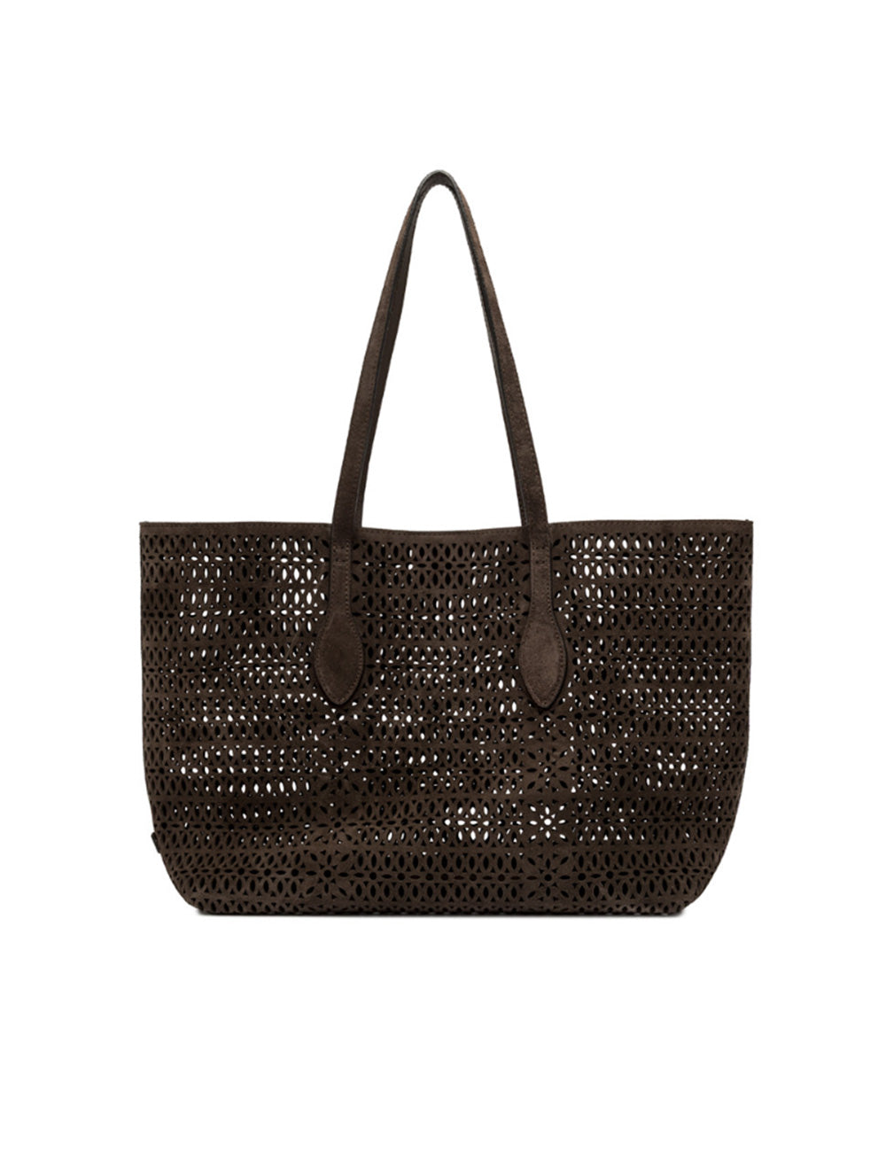 Borsa tote Gianni Chiarini Shopping Mashup Moka in marrone scuro intrecciata con manici in pelle e design traforato