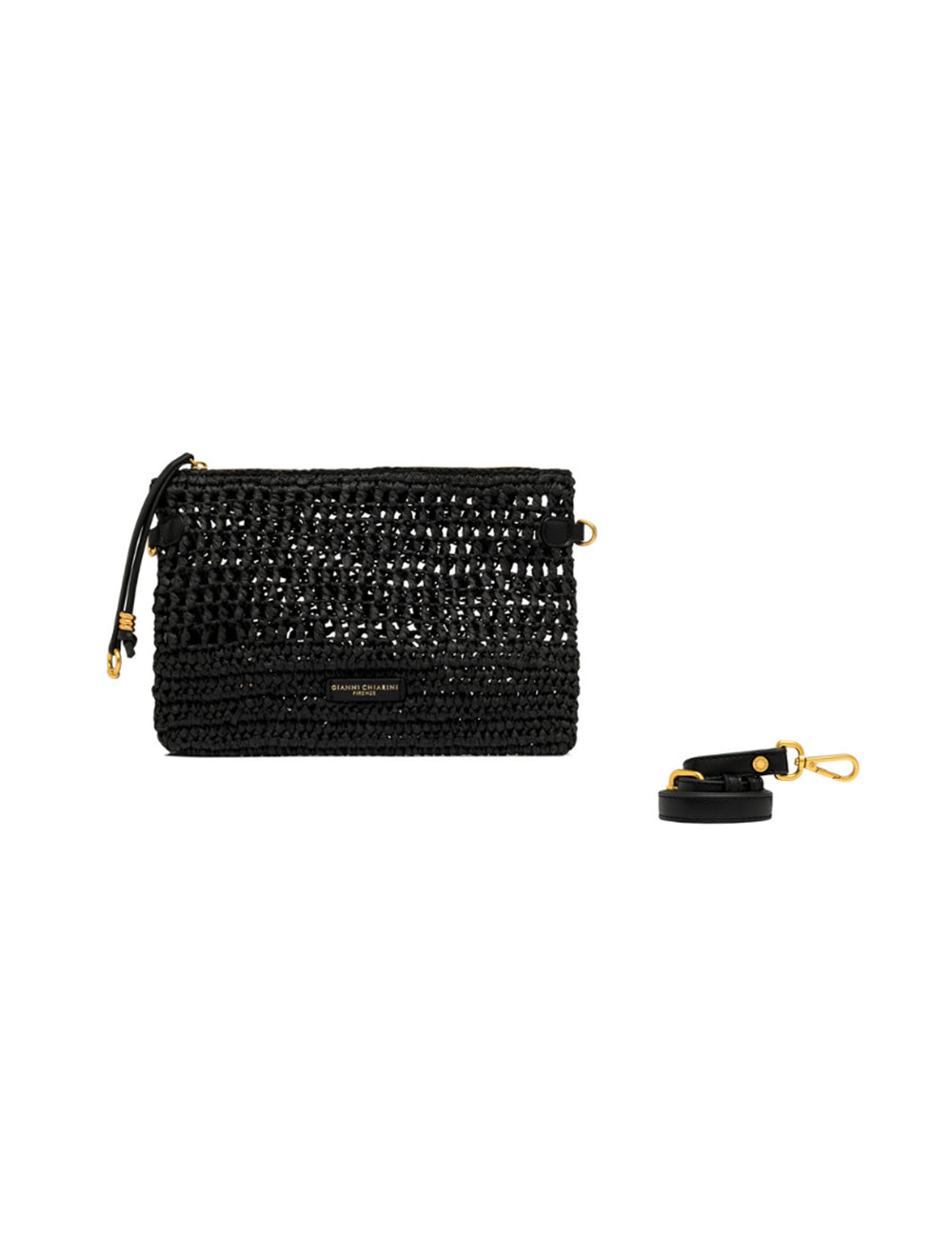 Borsa clutch nera in paglia intrecciata con hardware dorato e tracolla in pelle nera staccabile Gianni Chiarini Pouch Nefeli Nera