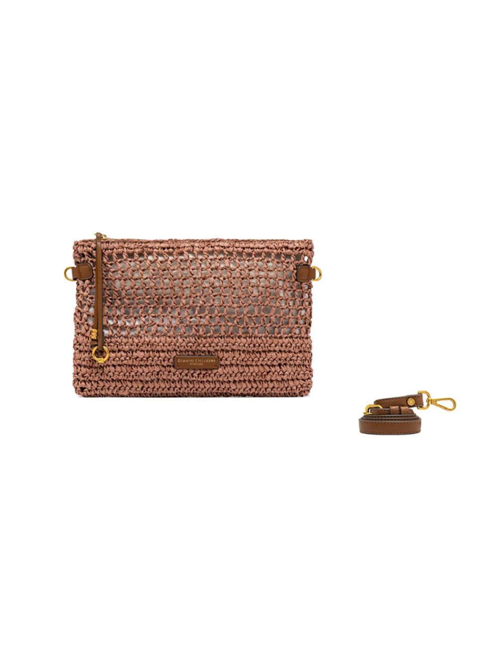 Borsa clutch rosa intrecciata Gianni Chiarini Pouch Nefeli Blush con tracolla in pelle marrone e hardware dorato