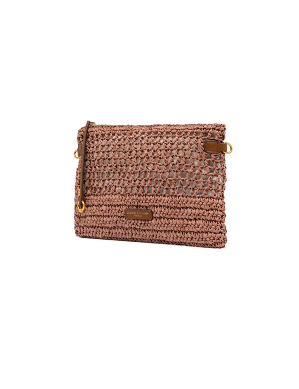 Borsa clutch Nefeli Blush Gianni Chiarini rosa intrecciata con hardware dorato e tracolla in pelle