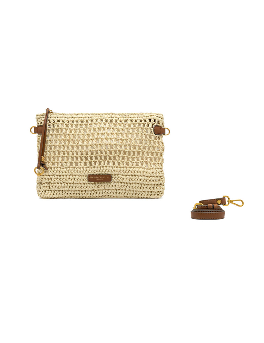 Borsa Gianni Chiarini Pouch Nefeli Corda in paglia intrecciata beige con dettagli in pelle marrone e tracolla staccabile