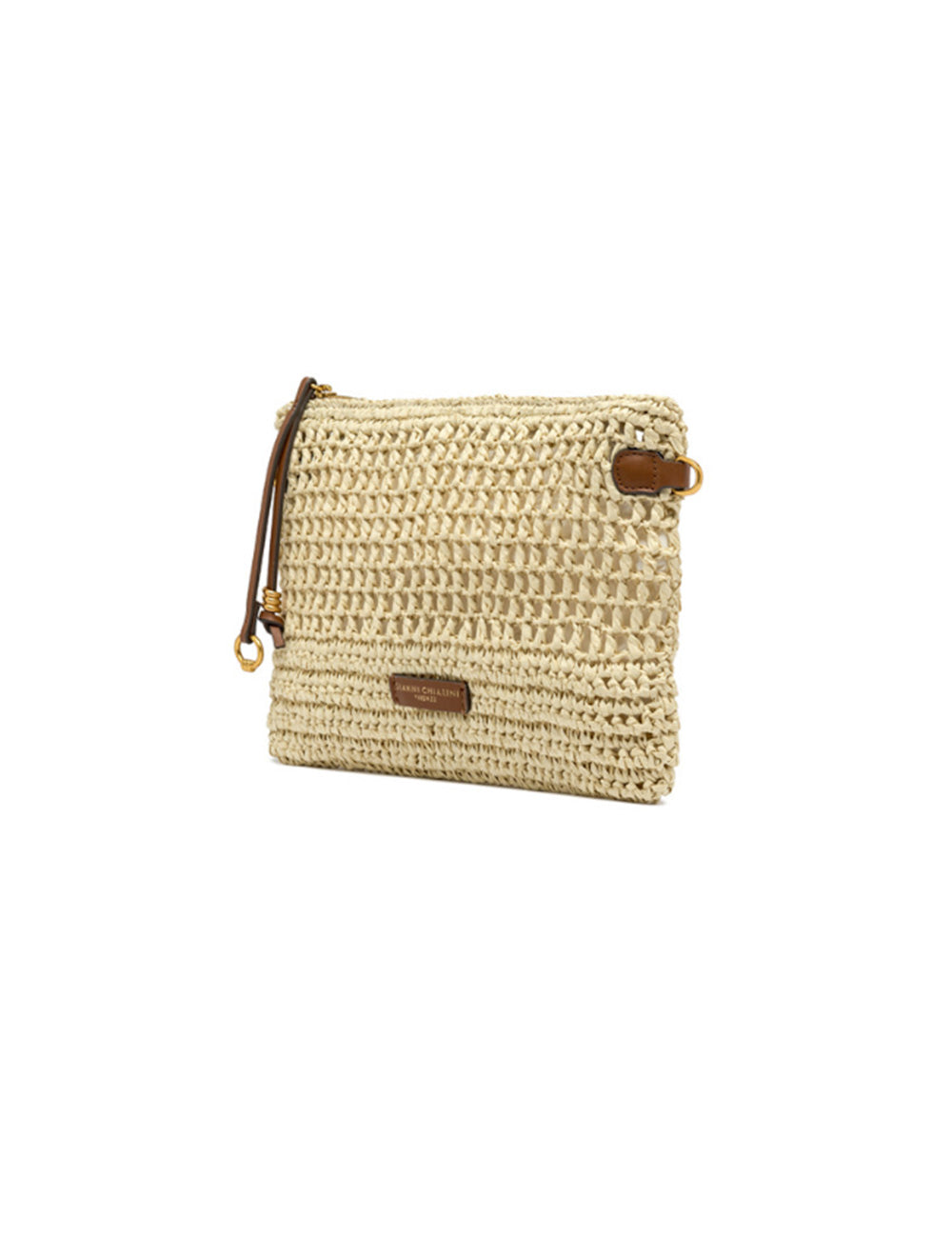Borsa clutch in paglia intrecciata beige con accenti in pelle marrone e hardware oro del brand Gianni Chiarini Pouch Nefeli Corda
