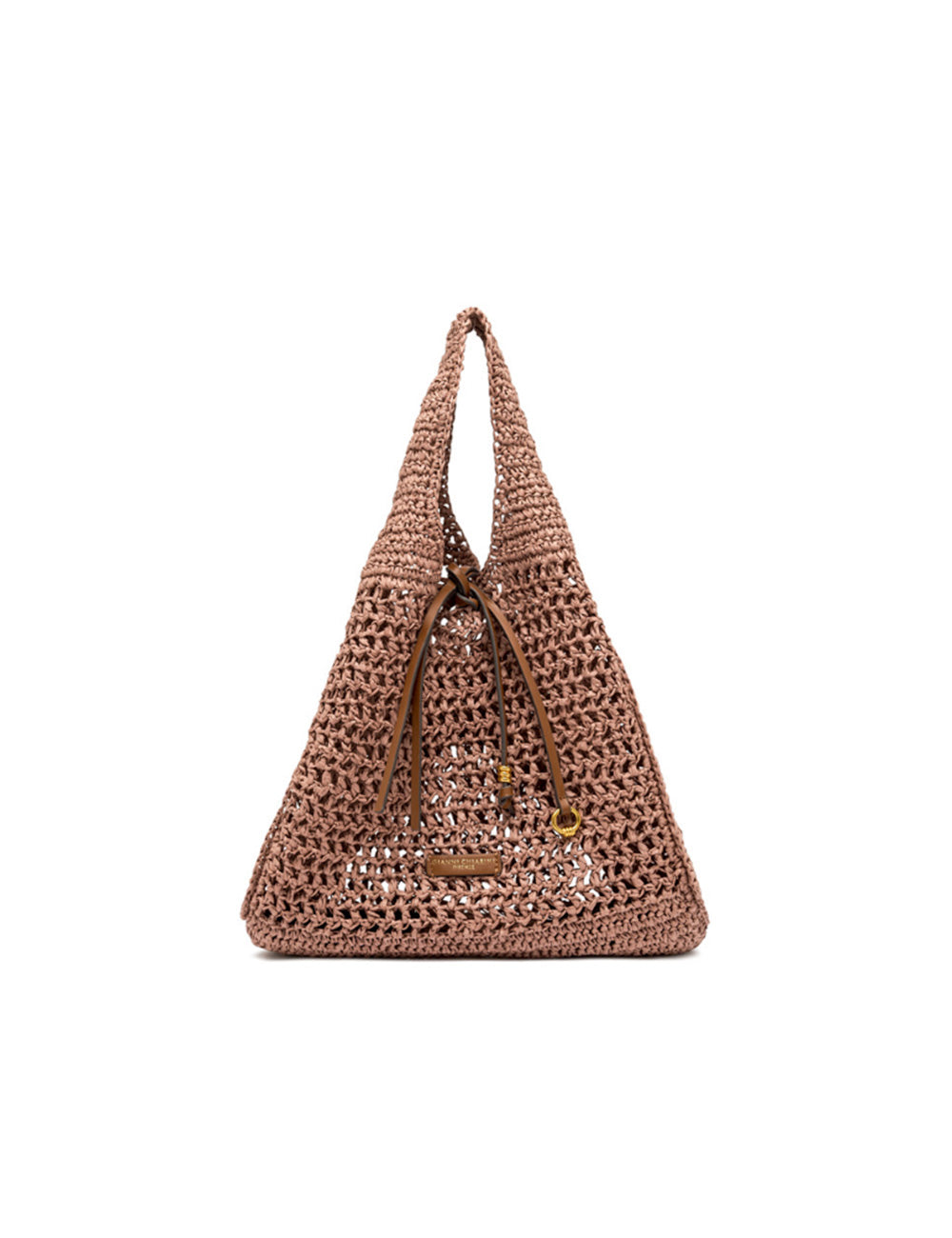 Borsa tote Gianni Chiarini Nefeli in blush, crochet taupe con chiusura a cordoncino e dettagli in pelle