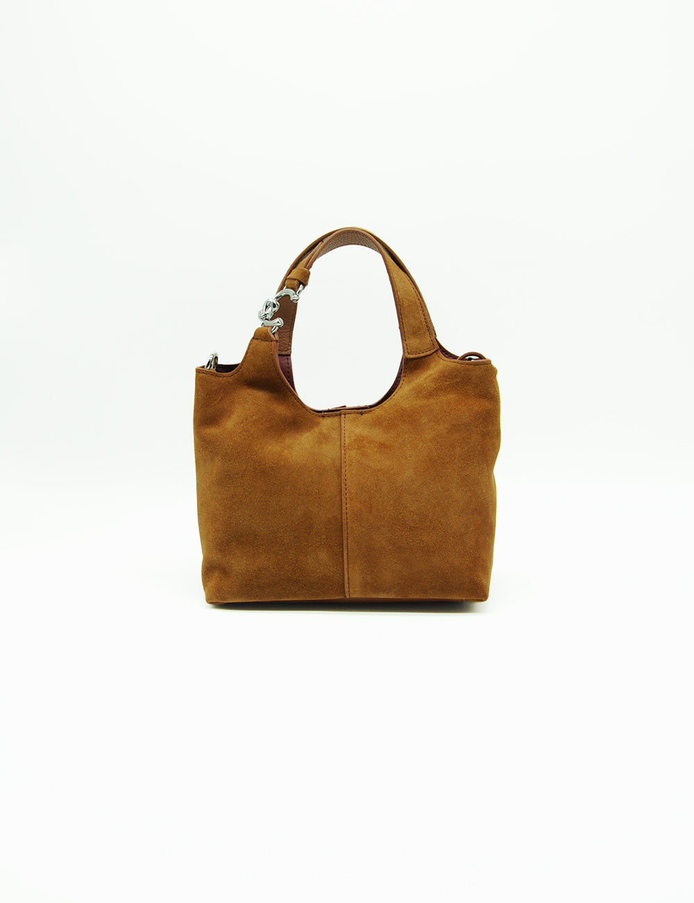 Borsa Coccinelle C-Easy Small in suede cognac con manici metallici silver