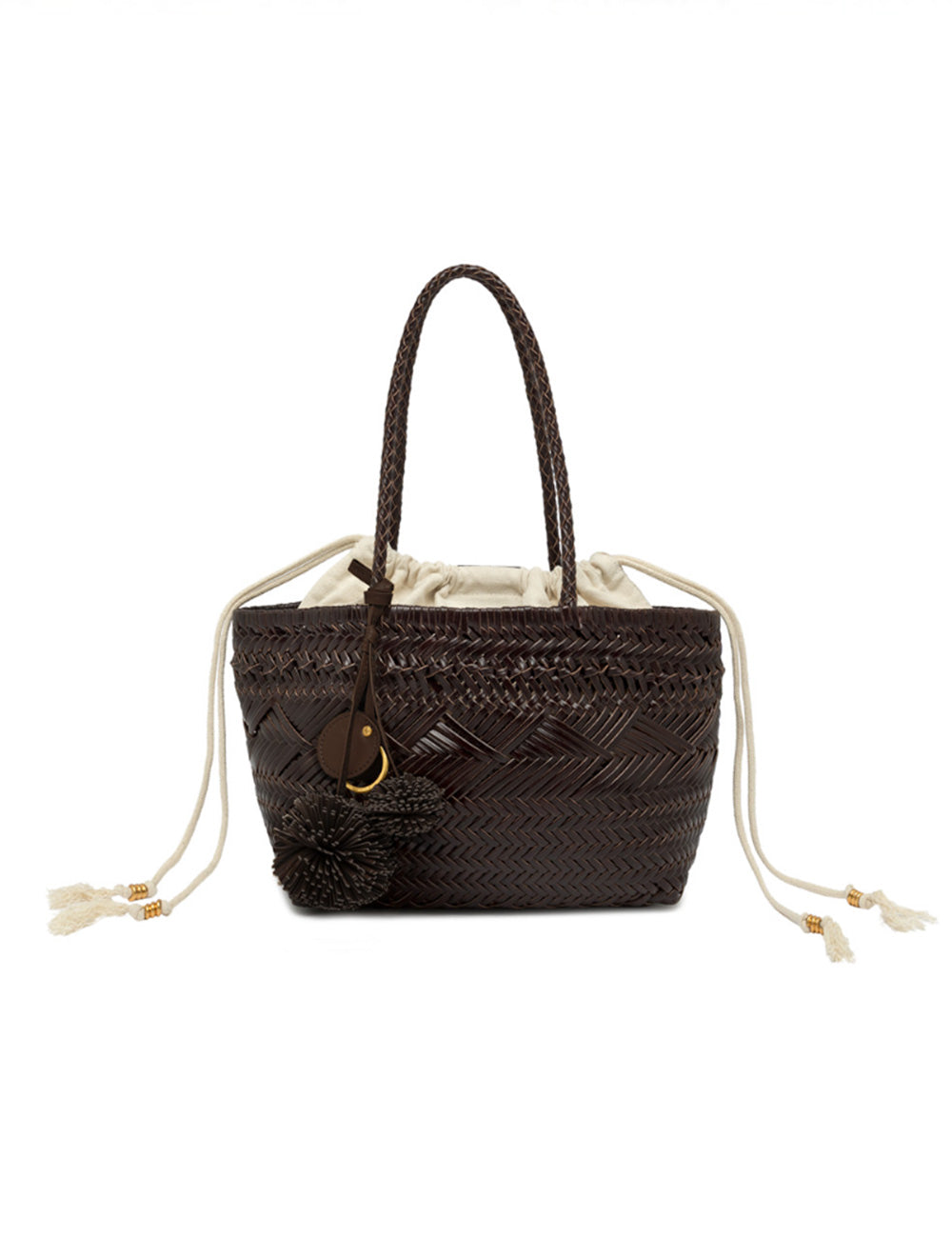 Borsa tote in paglia marrone scuro intrecciata Gianni Chiarini Paloma Choco con manici intrecciati, chiusura a cordoncino crema e nappe