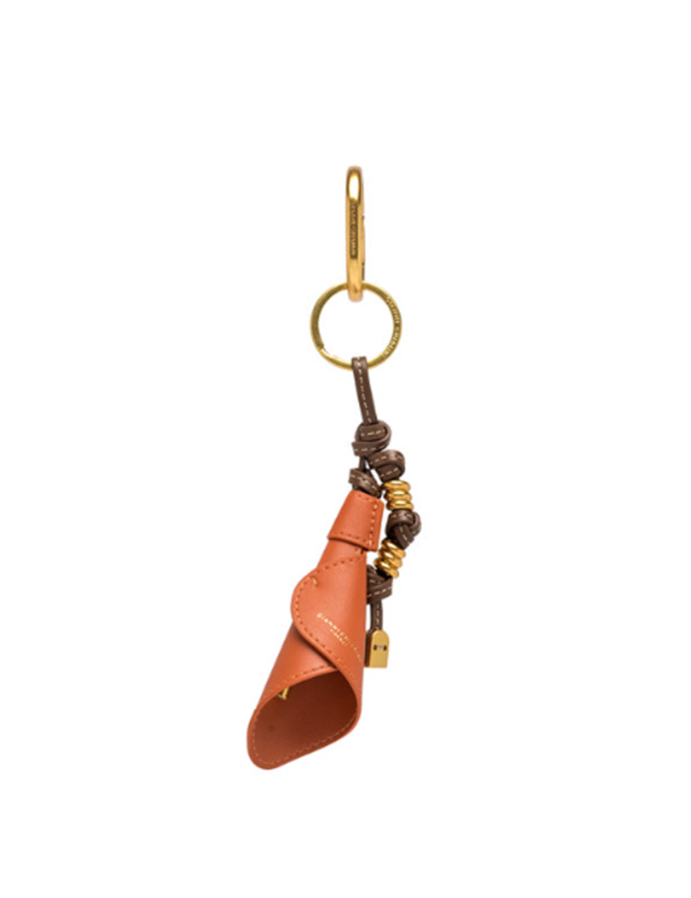 Portachiavi Calla Spice Gianni Chiarini in cuoio tan a cono con corda intrecciata marrone e perline oro